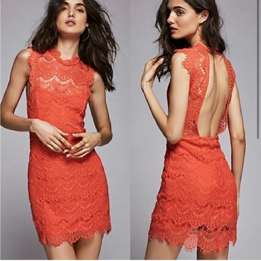 Free People Daydream Bodycon Orange Lace Open back Feminine Coquette Mini Dress